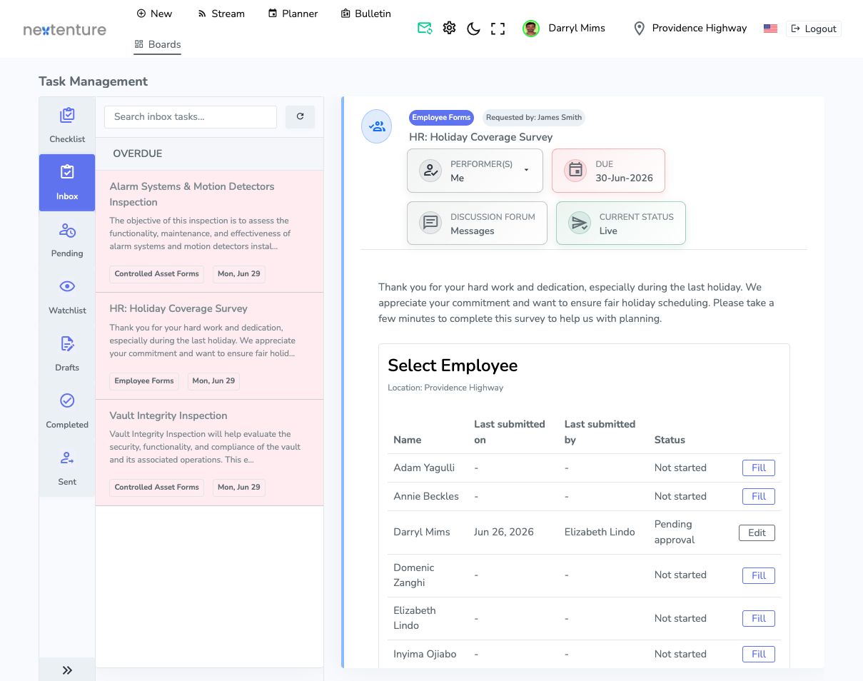 Darryl’s NPC task inbox with assigned inspections, an employee form, due dates, and discussion access in the myFI LIFE demo
