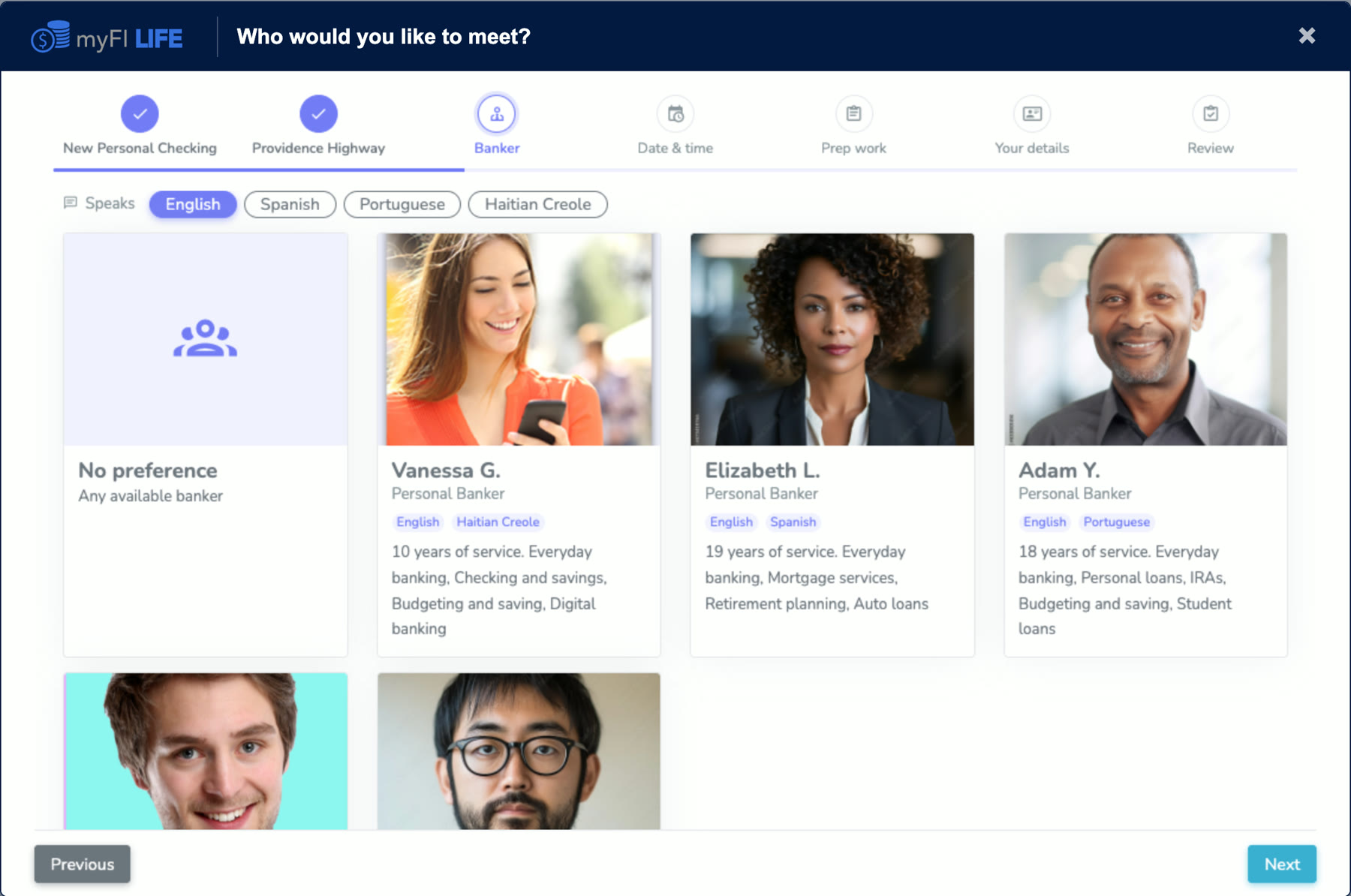 Customers pick a banker, filtered by language