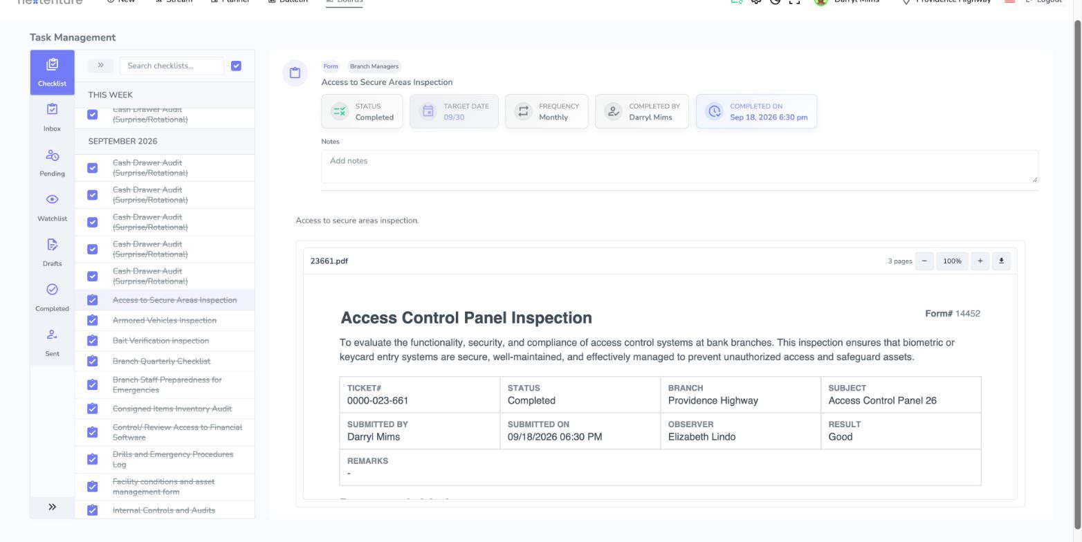 A completed inspection with submitter, observer and result